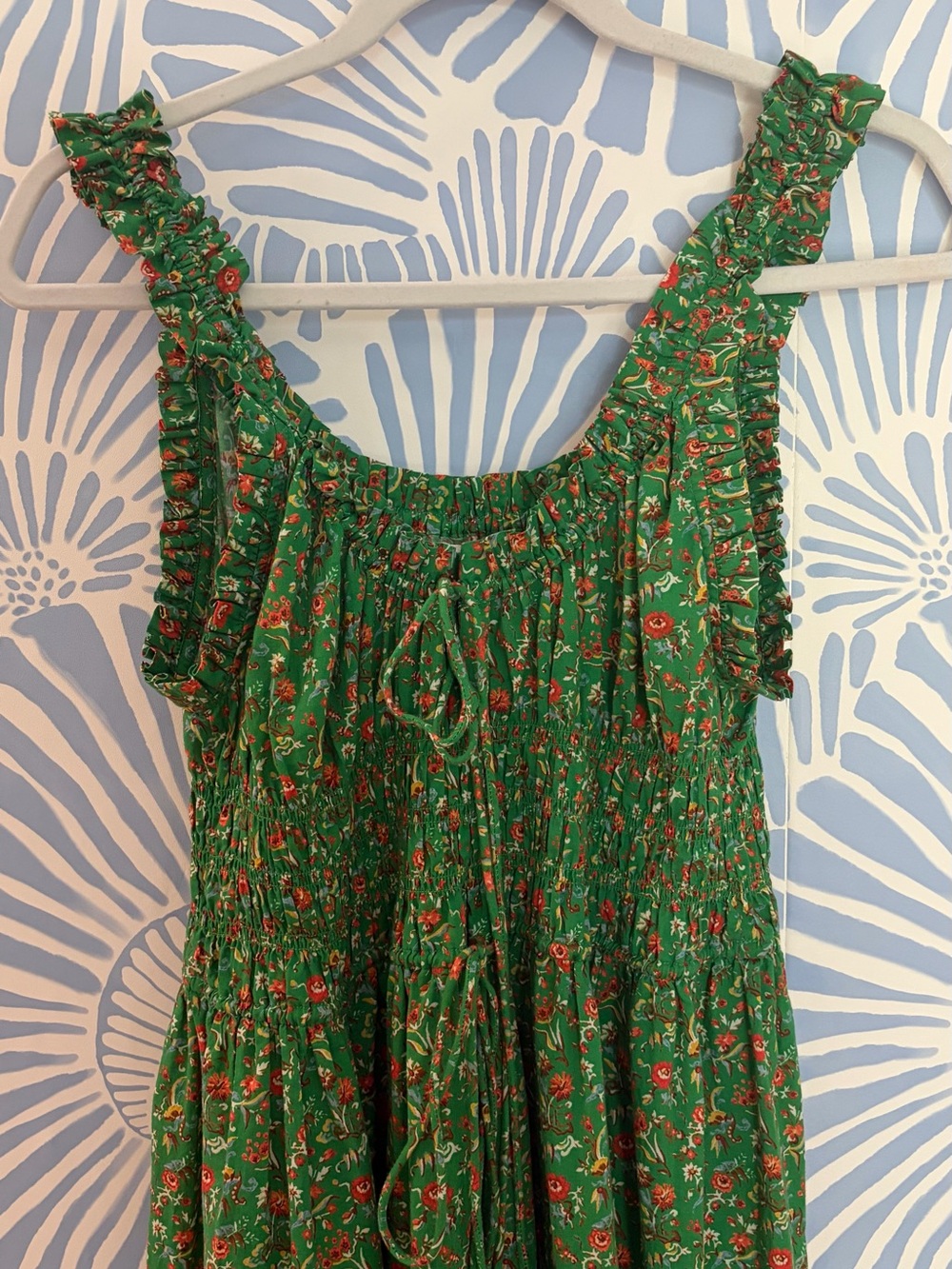 Doen Green Floral Smocked Maxi Emmaretta Dress with Ruffle Straps Size Large - Picture 3 of 8